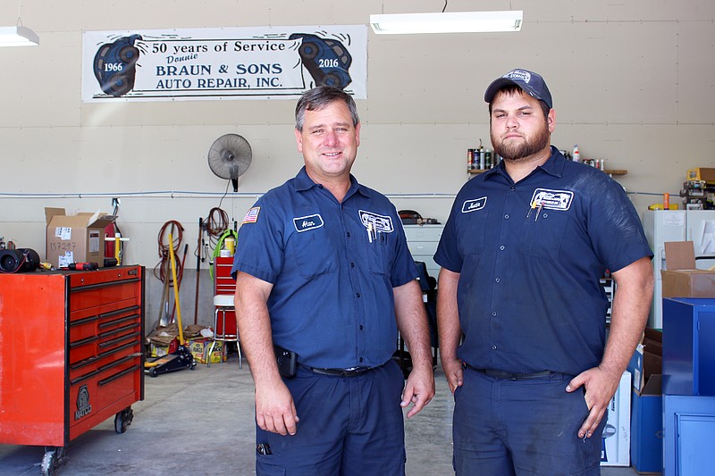 <p>Rebecca Martin/News Tribune</p><p>LEFT: Alan Braun, left, and Justin Braun stand inside the newly reopened Braun & Sons Auto Repair. Alan is a captain and Justin a lieutenant with the Cole County Fire Protection District, and both worked in disaster response the night of the tornado. RIGHT: Steve Barnes, deputy chief of the Cole County Fire Protection District, sits behind his desk at the district’s headquarters on Monticello Road.</p>