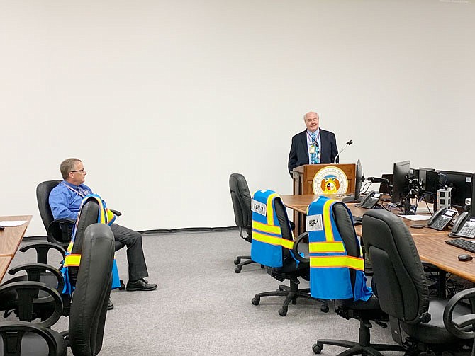 FEMA Region 7 chief of technological hazards branch, Thomas Morgan, left, and NRC Region 4 senior inspector of emergency preparedness, Paul Elkmann, address the room at the Missouri State Emergency Management Agency in Jefferson City. The press conference was held to discuss the preliminary findings of a nuclear emergency preparedness exercise Tuesday at the Callaway Energy Center.