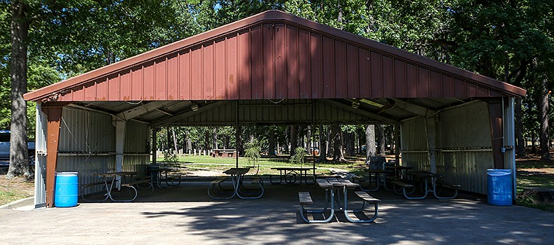 A pavilion in Spring Lake Park on Thursday, August 15, 2019, in Texarkana, Texas. New rules are being implemented to how many people can attend events at Texas-side park pavilions due to a problem of people issuing open invitations online to events at smaller parks. (Staff photo by Hunt Mercier)
