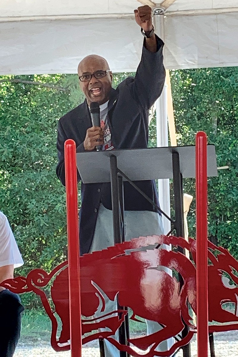 Kenny Haskins, city manager for Texarkana, Ark., speaks Friday during the groundbreaking for the new Arkansas Middle School. He said he was impressed by the district's commitment to the process of getting the middle school built. It is expected to open in January 2021.