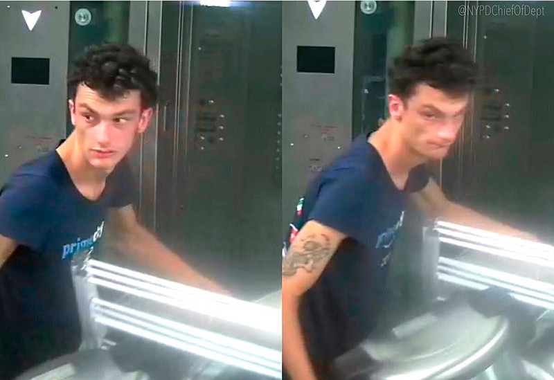 This photo released by NYPD shows a person of interest wanted for questioning in regard to the suspicious items placed inside the Fulton Street subway station in Lower Manhattan on Friday, Aug. 16, 2019 in New York.   Chief of Detectives Dermot Shea tweeted Saturday, Aug. 17, that the man seen holding one of the rice cookers in surveillance video was taken into custody. The discovery of the cookers Friday led to an evacuation and roiled the morning commute. (NYPD via AP, File)