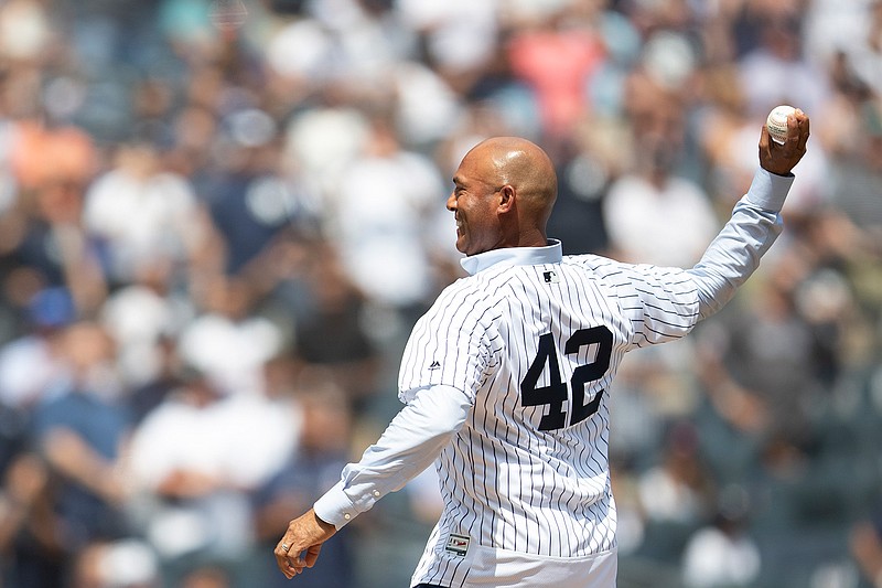 Former New York Yankees pitcher and hall of famer Mariano Rivera throws the ceremonial firs pitch before a baseball game between the New York Yankees and the Cleveland Indians, Saturday, Aug. 17, 2019, in New York. (AP Photo/Mary Altaffer)