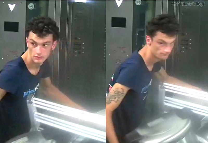 FILE - This photo released by NYPD shows a person of interest wanted for questioning in regard to the suspicious items placed inside the Fulton Street subway station in Lower Manhattan on Friday, Aug. 16, 2019 in New York.   Chief of Detectives Dermot Shea tweeted Saturday, Aug. 17, that the man seen holding one of the rice cookers in surveillance video was taken into custody. The discovery of the cookers Friday led to an evacuation and roiled the morning commute. (NYPD via AP, File)