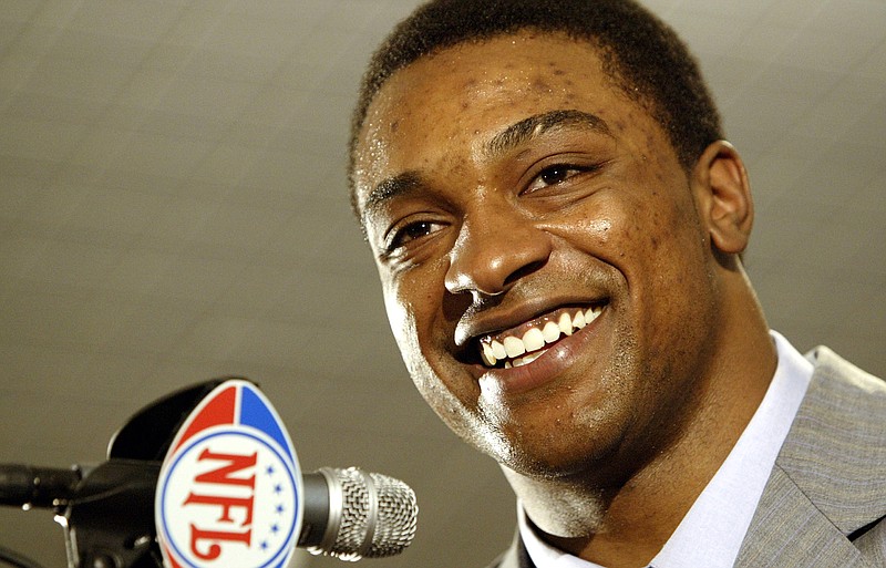  Cedric Benson talks to the media on April 23, 2005, after he was chosen the first pick of the Chicago Bears, the fourth overall, at the 2005 NFL draft in New York. Benson, one of the most prolific rushers in NCAA and University of Texas history, died Saturday in a motorcycle accident in Texas at age 36.

