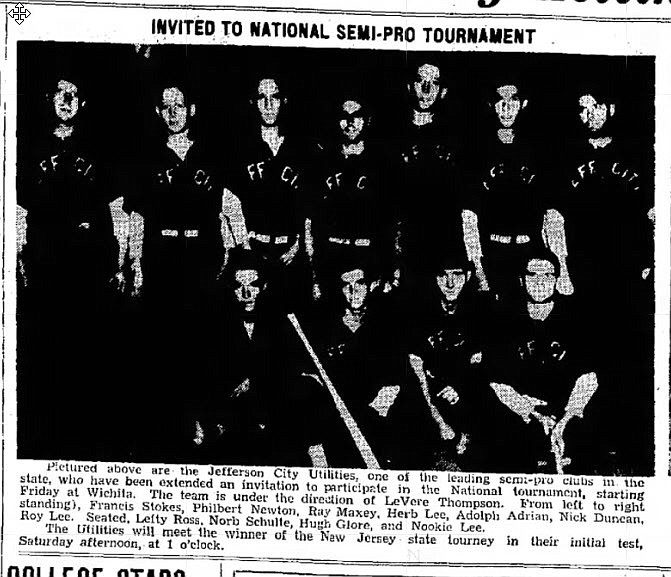 <p>Photo from Aug. 11, 1936, Jefferson City Post Tribune</p><p>The Jefferson City Utilities were invited to the national semi-pro baseball tournament in Wichita after playing well in the Missouri tournament in August 1936 at Whiteway Park. Team members included Francis Stokes, Philbert Newton, Ray Maxey, Herb Lee, Adolph Adrian, Nick Duncan, Roy Lee, Lefty Ross, Norb Schulte, Hugh Glore and Nookie Lee.</p>