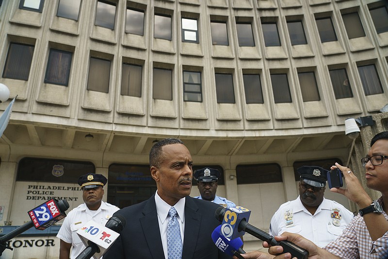 Former Philadelphia Police Commissioner Richard Ross speaks with the media outside Police Administration Building at 8th and Race in Philadelphia, Wednesday, Aug. 21, 2019.   Ross abruptly resigned Tuesday, a day after a woman in the department claimed in a lawsuit that he allegedly ignored her claim of another officer's sexual harassment. (Jessica Griffin/The Philadelphia Inquirer via AP)