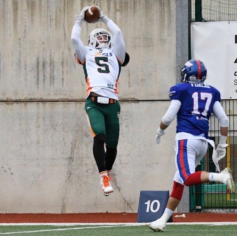 Dylan Albertson scored eight touchdowns in eight games in his first season playing American football for the Ancona Dolphins in Italy. Albertson recently finished the season, during which he played four positions and served as the team's defensive coordinator. (Photo courtesy of Janie Gray)