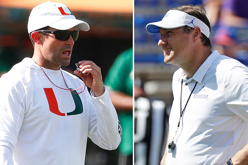 In an Aug. 6 file photo, Miami head coach Manny Diaz (left) prepares to blow his whistle during practice at the University of Miami in Coral Gables, Fla. In an Oct. 6, 2018, file photo, Florida head coach Dan Mullen (right) watches players warm up before a game against LSU in Gainesville, Fla. Florida and Miami have the college football stage to themselves for 3 hours today, a new chapter in their once-heated and forever-storied rivalry.