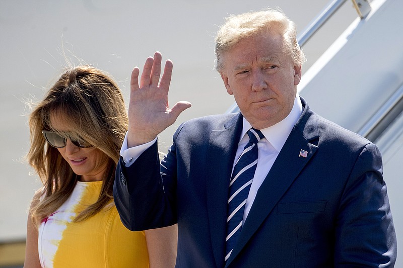 U.S President Donald Trump and first lady Melania Trump arrive in Biarritz, France, Saturday, Aug. 24, 2019, for the G-7 summit. World leaders and protesters are converging on the southern French resort town of Biarritz for the G-7 summit. President Donald Trump will join host French President Emmanuel Macron and the leaders of Britain, Germany, Japan, Canada and Italy for the annual summit in the nearby resort town of Biarritz. (AP Photo/Andrew Harnik)