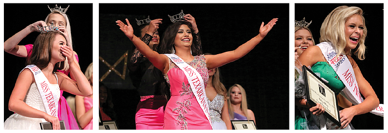Madeline Britton, left, is crowned Miss Texarkana Twin Rivers Outstanding Teen on Saturday during the 2020 Miss Texarkana Twin Rivers Competition. Shelby Ross, middle, raises her arms in victory Saturday after winning the title of Miss Texarkana Outstanding Teen during the 2020 Miss Texarkana Twin Rivers Competition at Pleasant Grove High School. Hollan Palmore, right, wins the 2020 title of Miss Twin Rivers Outstanding Teen.