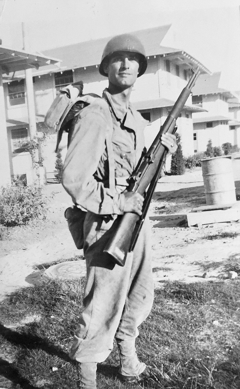 Lon Amick is pictured in 1943 during his initial training at Camp Wolters, Texas. He entered France through Omaha Beach in late July 1944.