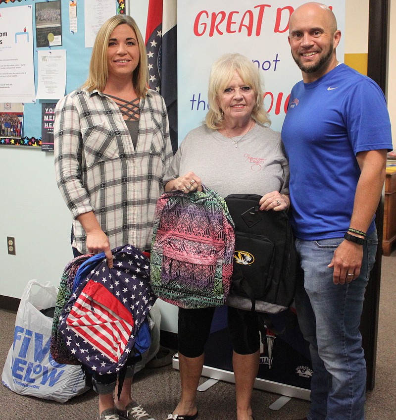 <p>Democrat photo/Liz Morales</p><p>Members of the Eagles Auxillary dropped off 32 bookbags for California Elementary students last week. The Eagles will soon have a new membership drive for any individuals interested in joining.</p>