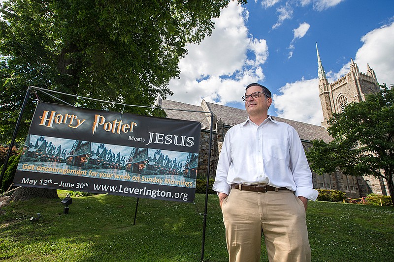 Langdon Palmer, the pastor at Leverington Church and a major Harry Potter fan, is preaching an eight-week series of sermons called "Harry Potter Meets Jesus," about scenes from Harry Potter that, "illustrate important biblical truths." He is reaching out to those who grew up with Harry Potter and have given up on organized religion. He is shown on June 12, 2019. (Charles Fox/Philadelphia Inquirer/TNS)