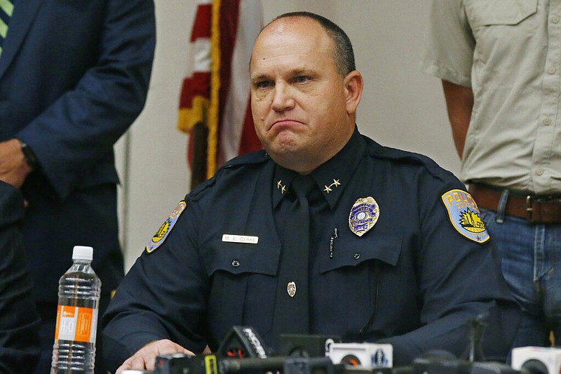 Odessa Police Chief Michael Gerke announces that he does not want to speak the name of the shooter from Saturday's shooting during a news conference, Sunday, Sept. 1, 2019, in Odessa, Texas. Instead, the department released the name of the gunman through a Facebook post. (AP Photo/Sue Ogrocki)