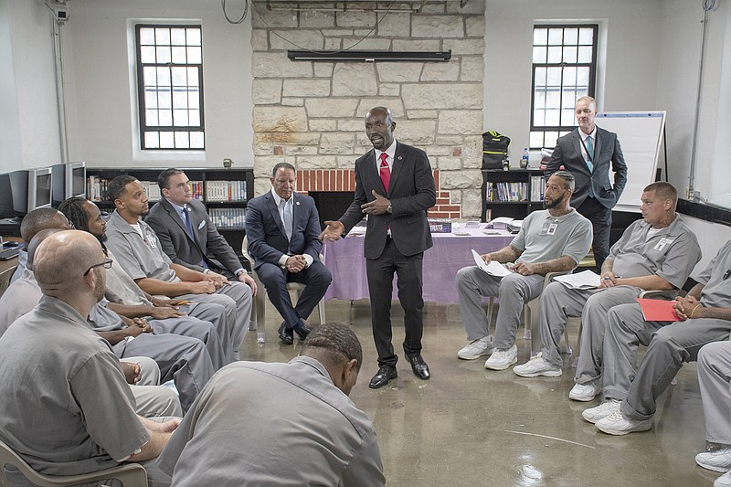 Jamie Dennis, Urban League Save Our Sons director, explains to Algoa Correctional Center prisoners what the SOS program can do to help them be better prepared to enter society once they are released from prison.
