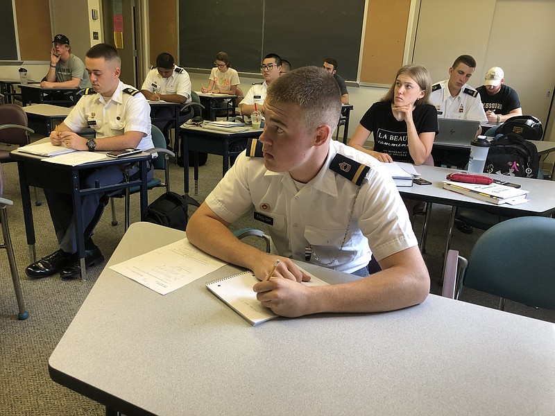 William English, a Missouri Military Academy high school student from St. Louis, settles in for a college course at William Woods University. The Triumph Program allows MMA students to get a college head-start at WWU.