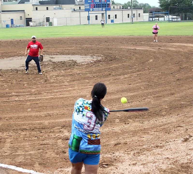 The first of many softball games at the Jamestown tournament was in full swing Aug. 31, 2019, during the Jamestown Labor Day Celebration.