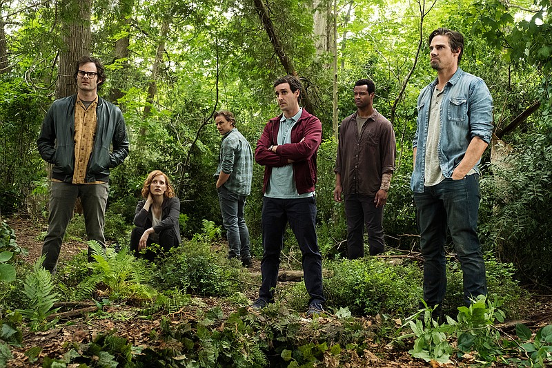 This image released by Warner Bros. Pictures shows, from left, Bill Hader, Jessica Chastain, James McAvoy, James Ransone, Isaiah Mustafa and Jay Ryan in New Line Cinema's horror thriller "It: Chapter 2," in theaters on Sept. 6. (Brooke Palmer/Warner Bros. Pictures via AP)