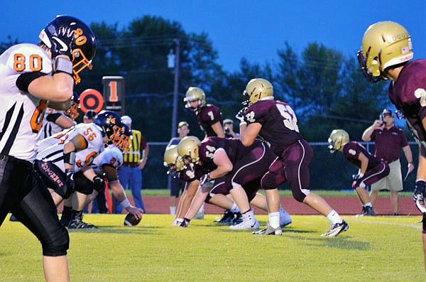 The Eldon Mustangs and Owensville Dutchmen, shown here lining up for a play during a 2017 game, have become familiar foes in recent seasons. Tonight will be their seventh meeting in the past five seasons.