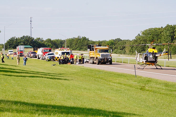 Helen Doss, of St. James, was airlifted by Missouri University Air Care Wednesday morning following a motorcycle wreck into a MoDOT vehicle on U.S. 54. The accident caused both eastbound lanes of the highway to be closed for nearly an hour.