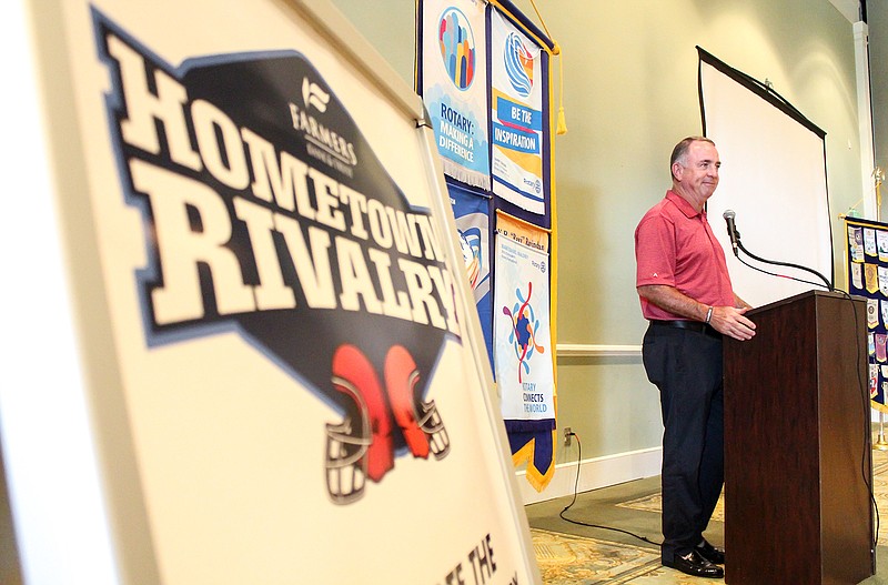 Texarkana, Arkansas, High School head football coach Barry Norton speaks to the Rotary Club at Northridge Country Club abut education, life experiences and the big game for students on Thursday in Texarkana, Texas.