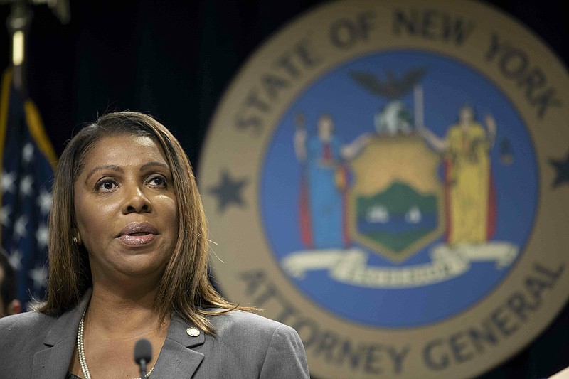 FILE - In this June 11, 2019 file photo, New York Attorney General Letitia James speaks during a news conference in New York. James says a bipartisan coalition of state attorneys general is investigating Facebook for alleged antitrust issues. James said Friday, Sept. 6,  the probe will look into whether Facebook's actions endangered consumer data, reduced the quality of consumers' choices or increased the price of advertising. (AP Photo/Mary Altaffer, File)