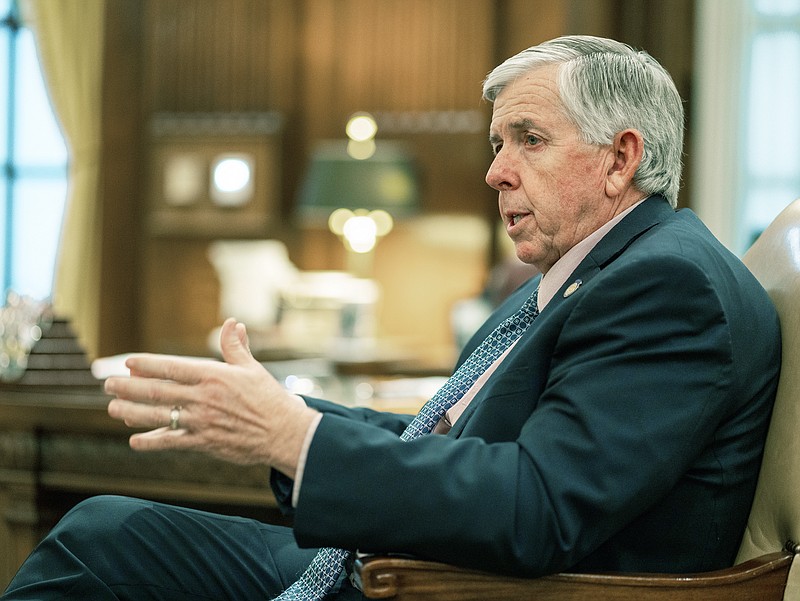 While seated for an interview June 13, 2019, Gov. Mike Parson reflects upon one year as governor and some of the things that have transpired in that time.