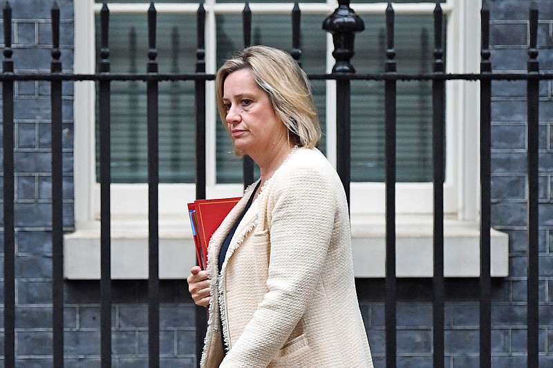 This Sept. 4, 2019 photo shows Work and Pensions Secretary Amber Rudd in London. On Saturday, Sept. 7, 2019, Rudd said she has resigned from Prime Minister Boris Johnson's cabinet because "I cannot stand by as good, loyal moderate Conservatives are expelled." (Victoria Jones/PA via AP)