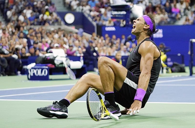 Rafael Nadal reacts Sunday night after defeating Daniil Medvedev to win the men's singles final of the U.S. Open in New York. 