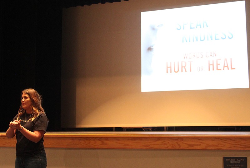 Rachel's Challenge presenter Claire Sundermeyer spent Sept. 4, 2019, sharing the encouraging words, and sorrowful history, of Rachel Scott to students within the California school district with a second presentation at the performing arts center. Scott was the first casualty of the 1999 Columbine High School shooting.