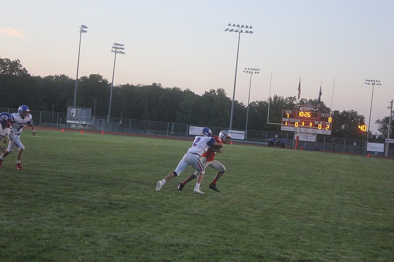 Tagen Higgins makes a tackle for California during the Pintos 48-6 loss to Mexico on Sept. 6, 2019.