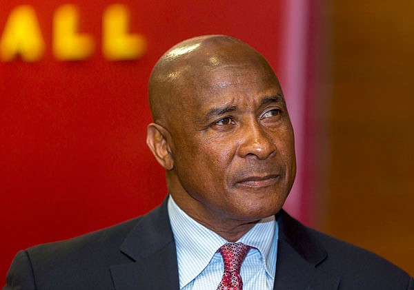 In this April 14, 2016, file photo, University of Southern California athletic director Lynn Swann pauses during his appointment news conference at the USC campus in Los Angeles.