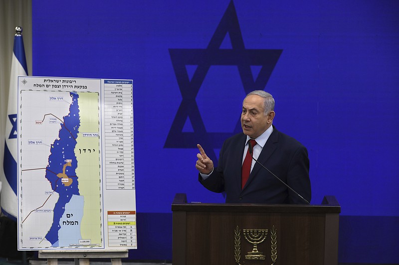 Israeli Prime Minister Benjamin Netanyahu, speaks during a press conference in Tel Aviv, Israel, Tuesday, Sept. 10, 2019. Netanyahu vowed Tuesday to begin annexing West Bank settlements if he wins national elections next week. (AP Photo/Oded Balilty)