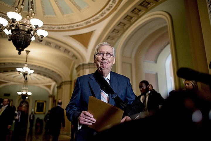 Senate Majority Leader Mitch McConnell of Ky., arrives for a news conference following a Senate policy luncheon on Capitol Hill, Tuesday, Sept. 10, 2019, in Washington. (AP Photo/Andrew Harnik)