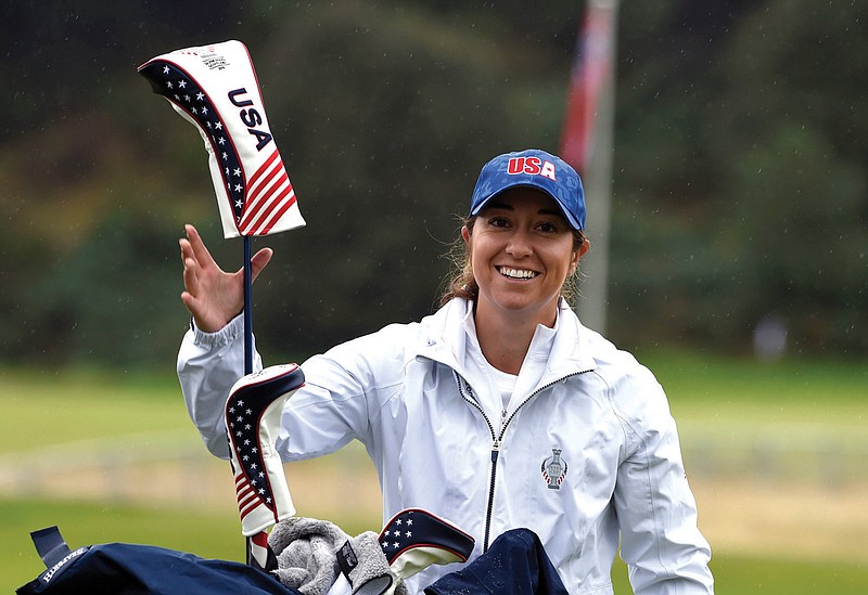 Team USA's Marina Alex on the driving range during the preview day ahead of the 2019 Solheim Cup at Gleneagles Golf Club, Scotland, Monday Sept. 9, 2019. (Ian Rutherford/PA via AP)