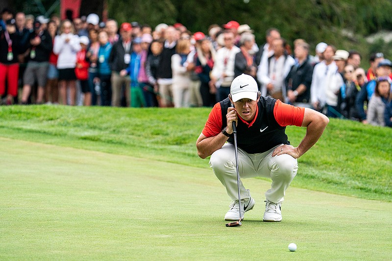 Rory McIlroy of Northern Ireland lines up a putt during the final round the final round of the European Masters golf tournament in Crans-Montana, Switzerland, Sunday, September 1, 2019. (Alexandra Wey/Keystone via AP)