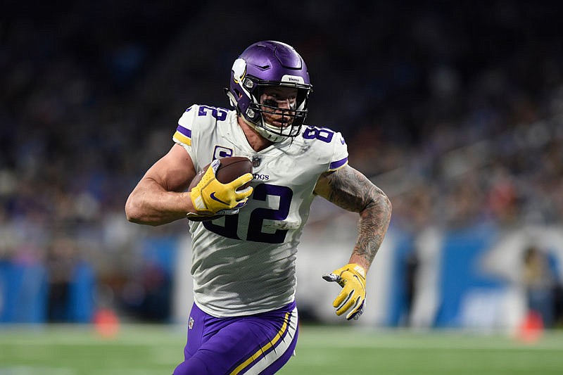 In this Dec. 23, 2018, file photo, Vikings tight end Kyle Rudolph runs into the end zone for a touchdown during a game against the Lions in Detroit. While Rudolph hasn't changed teams since being drafted in 2011, he was involved in a trade in his father's fantasy football keeper league.