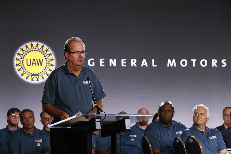 FILE - In this July 16, 2019, file photo United Auto Workers President Gary Jones speaks during the opening of their contract talks with General Motors in Detroit. A strike against General Motors looms large with just over a day left until the United Auto Workers’ national contracts with the three Detroit automakers expire. The union’s national agreements with GM, Ford and Fiat Chrysler end at 11:59 p.m. Saturday, Sept. 14.  (AP Photo/Paul Sancya, File)