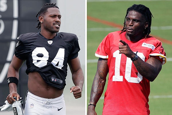 Today's game between the Raiders and Chiefs will be missing Antonio Brown (left), released and signed by the Patriots, and the injured Tyreek Hill.