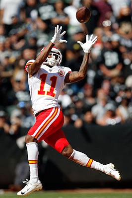 Chiefs wide receiver Demarcus Robinson catches a pass during the second half of Sunday's game against the Raiders in Oakland, Calif.