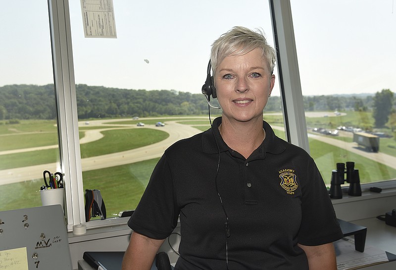 Julie Smith/News Tribune
Trois Maloney of the Missouri State Highway Patrol is photographed in the tower at the Emergency Vehicle Operations Course or EVOC, located on adjacent grounds to the Ike Skelton Training Site on Militia Drive. One of Maloney's duties is as EVOC instructor. She also serves in other roles in recruit training. 