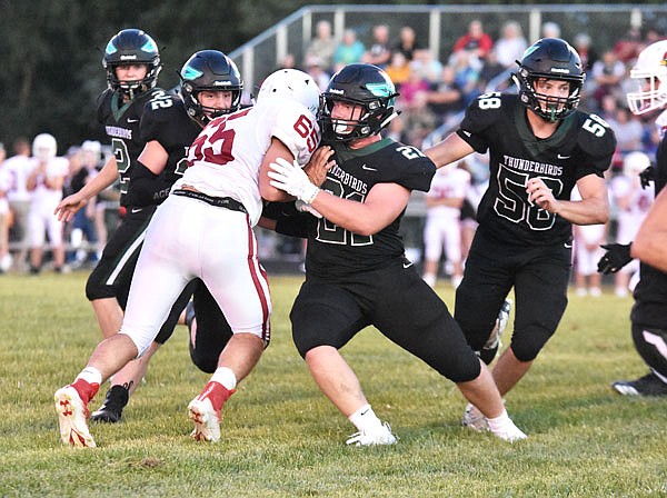 North Callaway senior fullback Mason Wortman sets up a block for sophomore running back Trevor Ray during the Thunderbirds' 60-16 rout of Tipton on Sept. 6 in Kingdom City. North Callaway returns home tonight for an EMO matchup against Wright City.