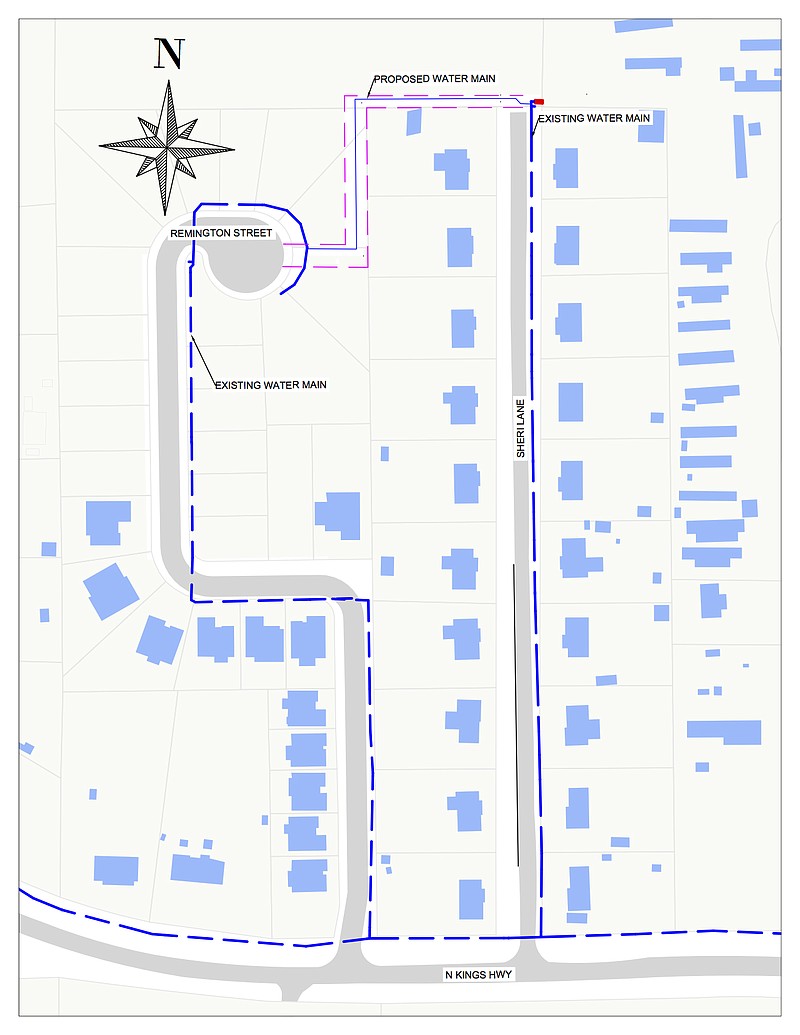 This site plan provided by Texarkana Water Utilities shows an example of connecting two dead-end water mains. The "proposed water main" at the top of the image connects the two "existing water mains," creating a continuous flow of water and eliminating the need for expensive monthly flushing. (Courtesy TWU)