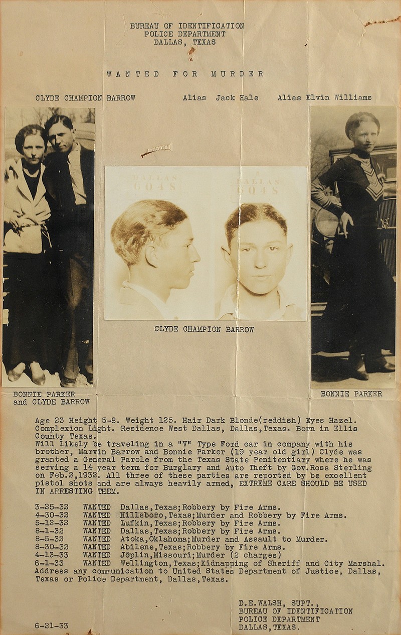 A wanted poster of Bonnie Parker and Clyde Barrow, left, is seen July 29, 2019.