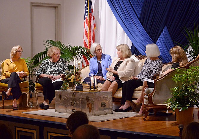 Current first lady Teresa Parson, center, speaks during a Q&A panel Saturday at the at the First Lady Luncheon. Money raised for the event will help support the continued preservation of the Governor's Mansion, its history and its historical treasures. Former first ladies Lori Hauser Holden, Jean Carnahan, Georganne Wheeler Nixon and Pat Wilson were recognized at the event. 