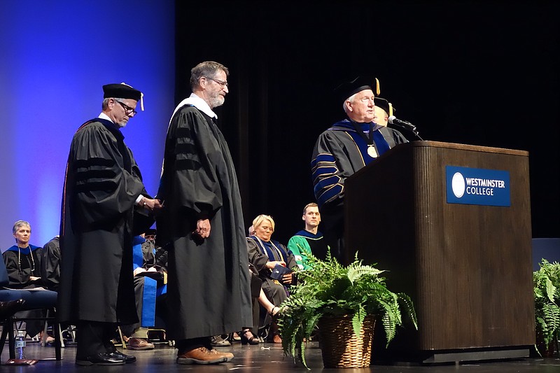 On Thursday during the Hancock Symposium at Westminster College, George P. Smith was presented with an honorary Doctor of Science degree by Charles David Roebuck, Westminster's vice president for academic affairs and dean of faculty. Smith was awarded the Nobel Prize in Chemistry in 2018.