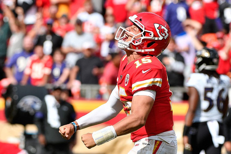 Kansas City Chiefs quarterback Patrick Mahomes (15) celebrates after completing a pass for a first down during the second half of an NFL football game against the Baltimore Ravens in Kansas City, Mo., Sunday, Sept. 22, 2019. (AP Photo/Ed Zurga)