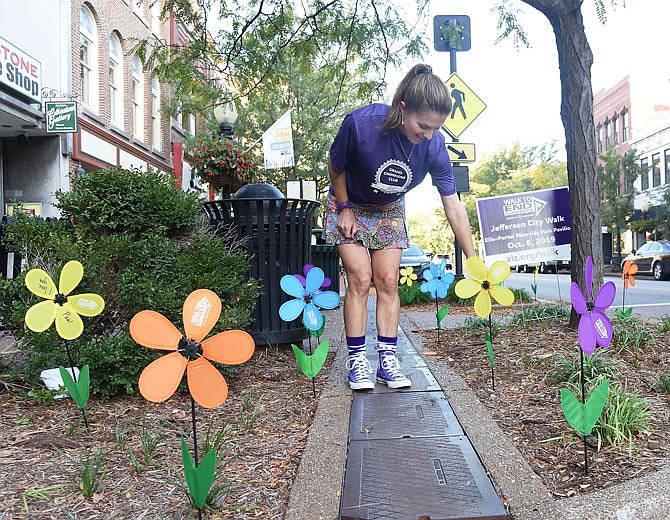 Christa Roehl walks through the Alzheimer's pinwheels to straighten them as she and four other volunteers were out very early Tuesday morning to plant multicolored daisies in a two-block stretch in downtown Jefferson City. The pinwheels commemorate Alzheimer's Awareness Day. The day kicks off activities leading up to Sunday's Walk to End Alzheimer's at Ellis-Porter Riverside Park. 