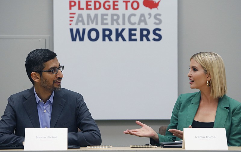 White House senior adviser Ivanka Trump, right, speaks with Google CEO Sundar Pichai at El Centro College in Dallas, Thursday, Oct. 3, 2019. Pichai announced that Google is committing to a White House initiative designed to get private companies to expand job training for American workers. (AP Photo/LM Otero)