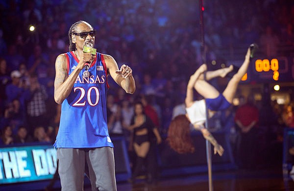 Snoop Dogg performs Friday during Late Night in the Phog, Kansas' annua basketball kickoff at Allen Fieldhouse in Lawrence, Kan.